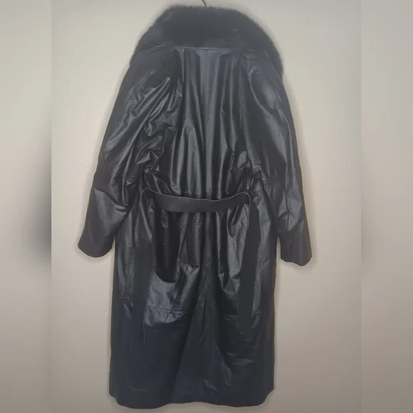 Vintage CAROLE LITTLE Women's L Trench Coat Belted Black Fur Collar Penny - Picture 4 of 6